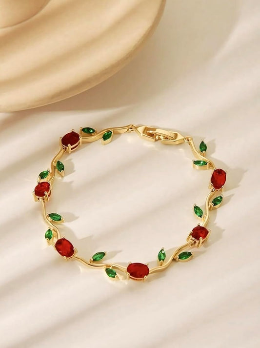Tulip Bracelet Gold Plated with Red and Green Stones