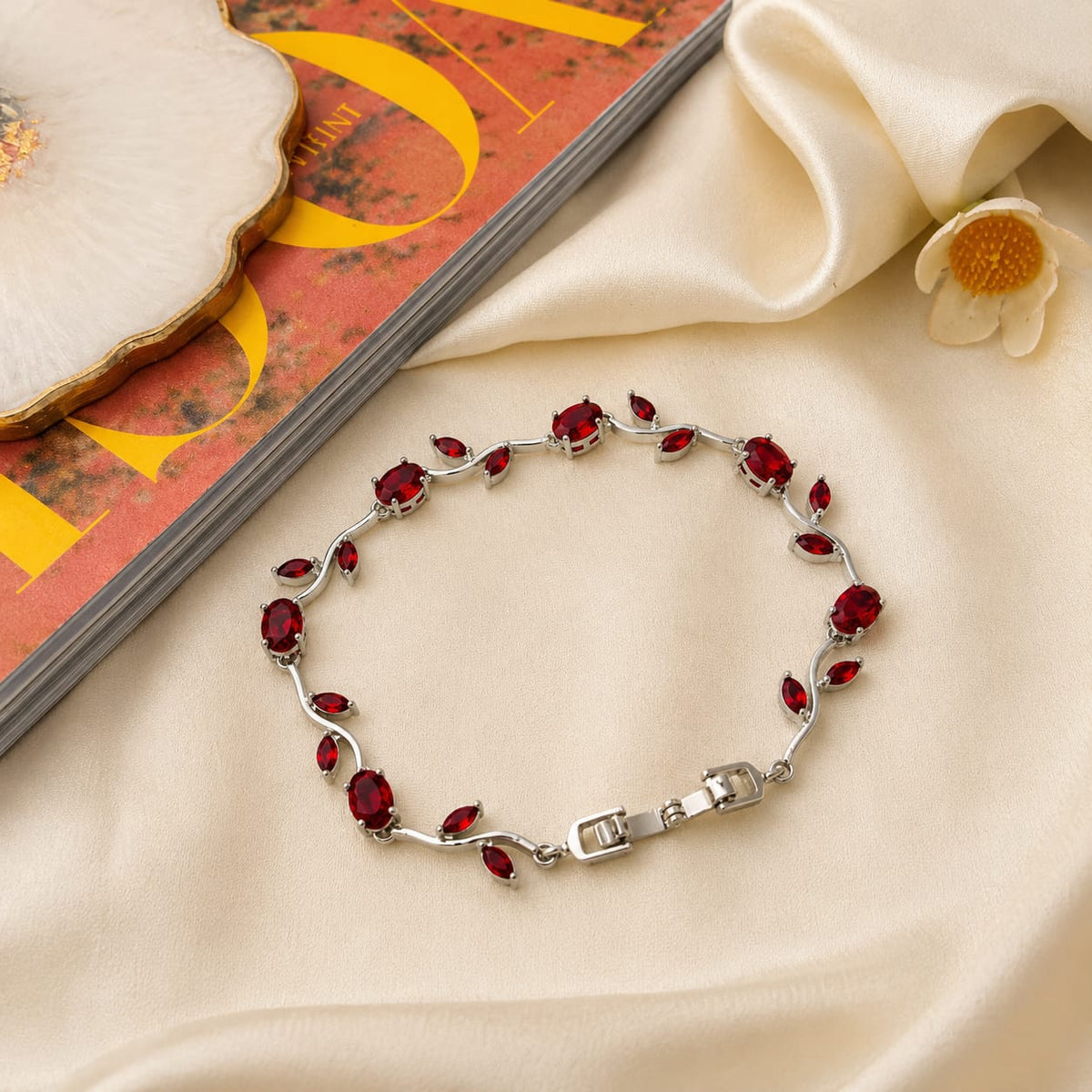 Tulip Bracelet Silver Plated with Red Stone